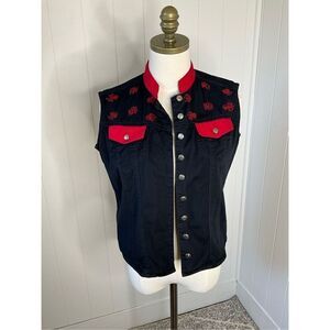 Vtg Ozark Mountain Jean Company Womens Medium Embroidered Vest Denim Blue Button